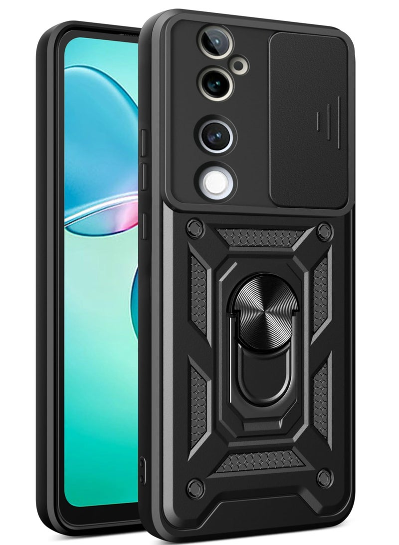 vivo V40 5G Case Cover, Slide Camera Lens Cover + 360°Rotating Kickstand Ring + Support Magnetic Car Mount Shockproof Mobile Phone Case For vivo V40 5G, Black - Image 1