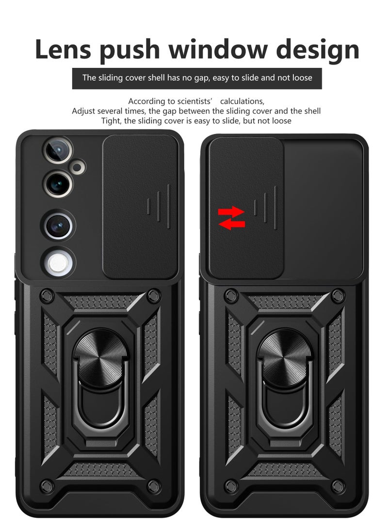 vivo V40 5G Case Cover, Slide Camera Lens Cover + 360°Rotating Kickstand Ring + Support Magnetic Car Mount Shockproof Mobile Phone Case For vivo V40 5G, Black - Image 2