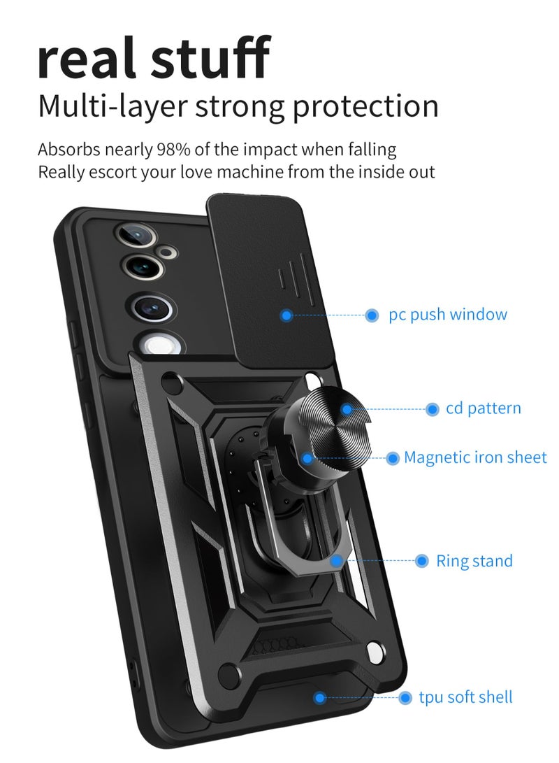 vivo V40 5G Case Cover, Slide Camera Lens Cover + 360°Rotating Kickstand Ring + Support Magnetic Car Mount Shockproof Mobile Phone Case For vivo V40 5G, Black - Image 3