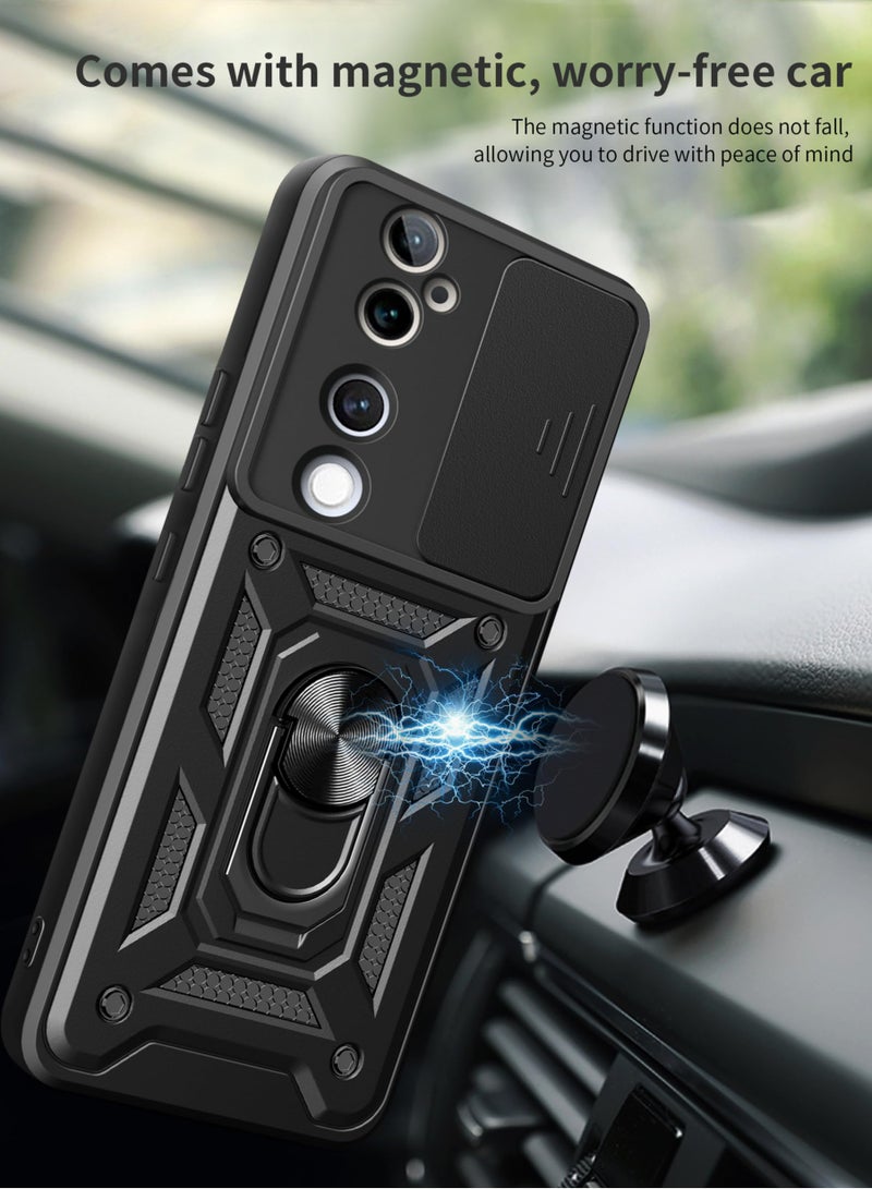 vivo V40 5G Case Cover, Slide Camera Lens Cover + 360°Rotating Kickstand Ring + Support Magnetic Car Mount Shockproof Mobile Phone Case For vivo V40 5G, Black - Image 5