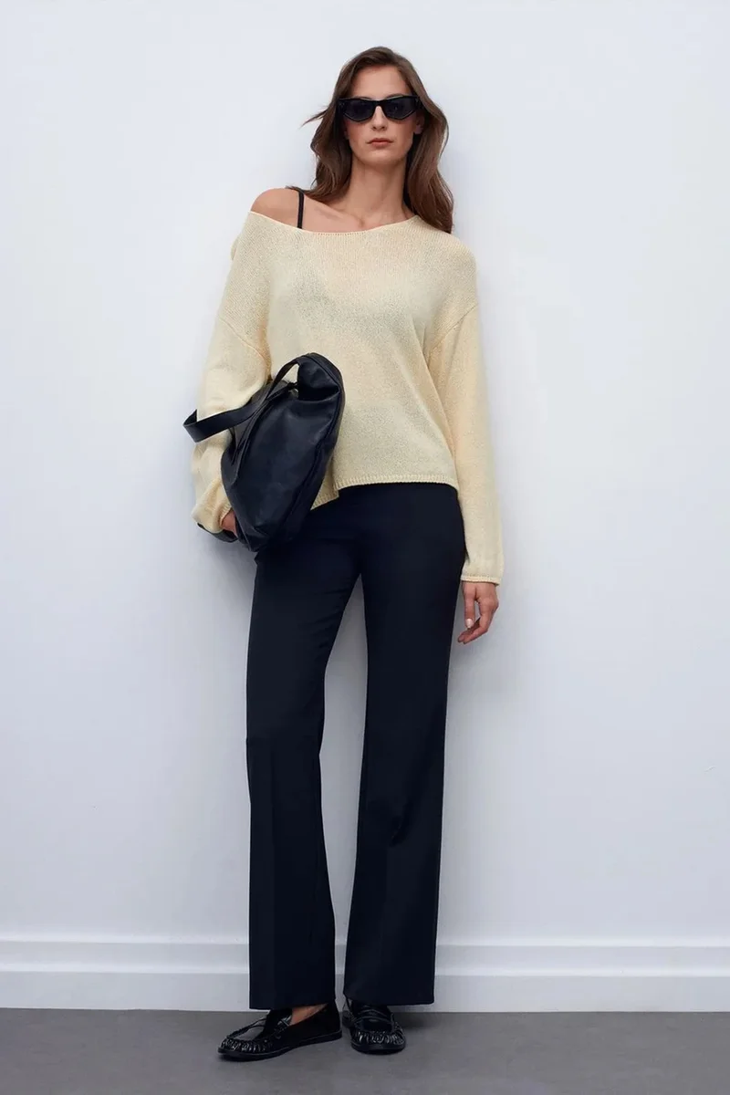 Dilvin Cream Natural DILVIN Women's Ribbed Boat-Neck Knit Sweater for Women | Best Price UAE