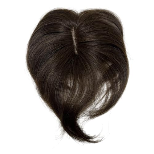 Anemone 6 inch Short Middle Part Straight Real Human Hair Topper Small Thin Clip-in Hair Bangs for Mild Hair Loss Suitable for Women and Men Reddish Tone (Dark Brown) - Image 1