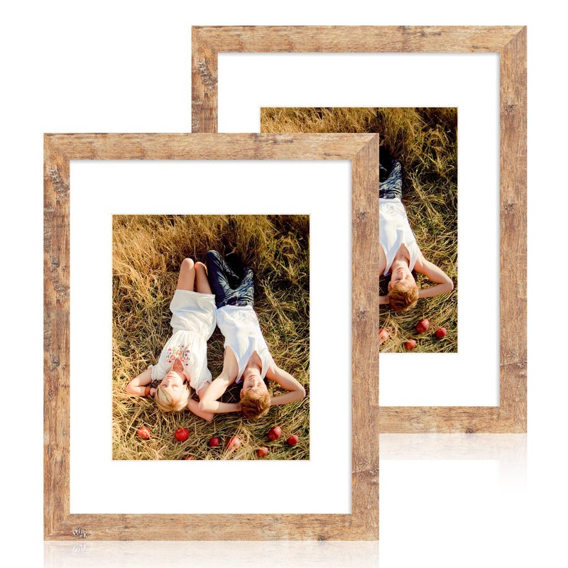 iRahmen 11x14 Picture Frame Set of 2 with Tempered Glass Rustic Brown Frame Display 8x10 Pictures with Mat or 11 x 14 Without Mat Wooden Photo Frame for Horizontal or Vertical Wall Mount