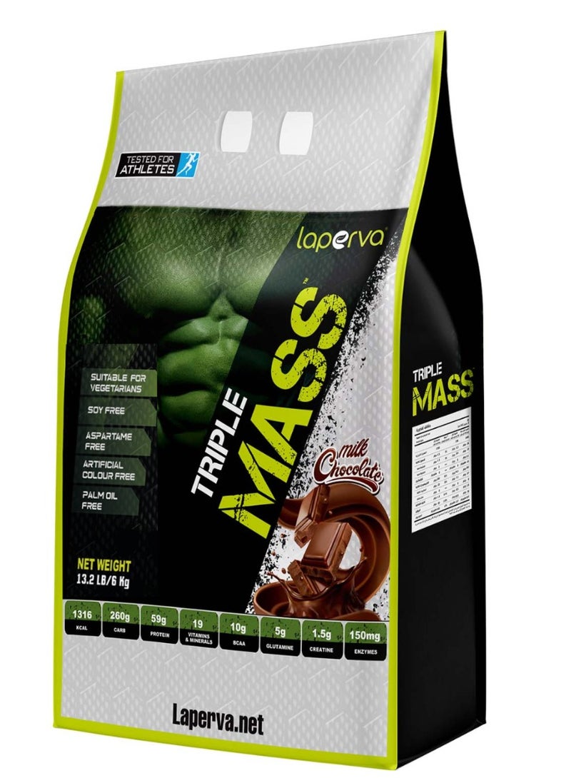 laperva Triple Mass Gainer Protein Powder, High Calorie Weight Gainer with Glutamine & Added Essential Fatty Acids, 1500mg Added Creatine Blend +10 gm of BCAA (Milk Chocolate, 6 Kg) - Image 1