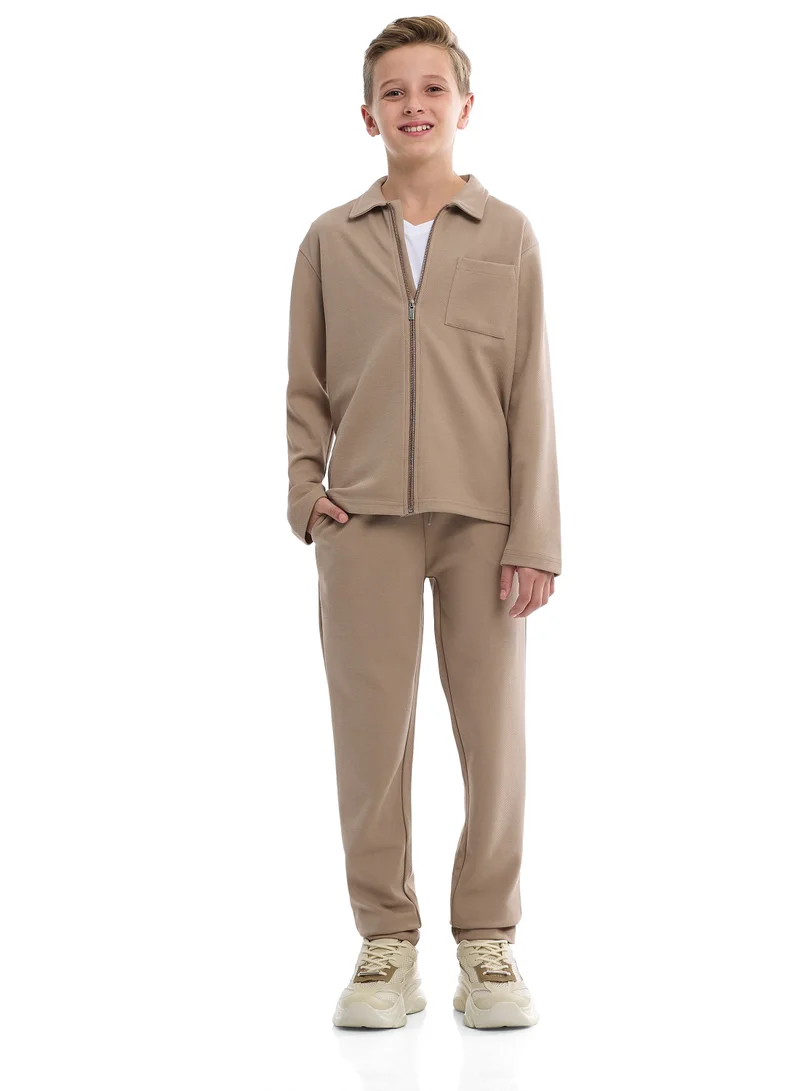 victor and jane Boys Beige Twill Shirt-Style Co-Ord Set with Front Pockets &amp; Zip Closure – Smart Casual Outfit