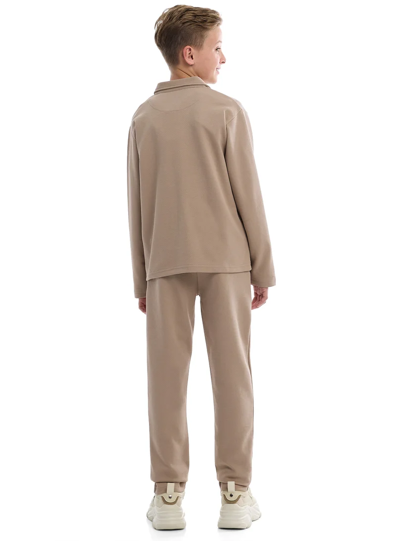 victor and jane Boys Beige Twill Shirt-Style Co-Ord Set with Front Pockets &amp; Zip Closure – Smart Casual Outfit