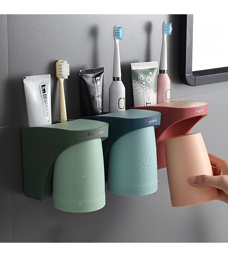 Blue Wall Mount Nordic Toothbrush Holder With Mouthwash Cups - Image 3
