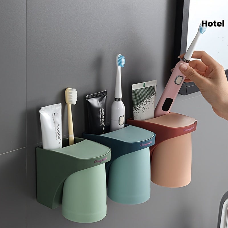 Blue Wall Mount Nordic Toothbrush Holder With Mouthwash Cups - Image 1