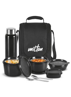 Milton Pro Lunch Tiffin (3 Microwave Safe Inner Steel Containers180/320/450 Ml;1 Plastic Chutney Dabba100 Ml 1 Aqua Steel Bottle 750 Ml Steel Spoon And Fork) Black  - Image 1