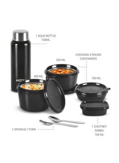 Milton Pro Lunch Tiffin (3 Microwave Safe Inner Steel Containers180/320/450 Ml;1 Plastic Chutney Dabba100 Ml 1 Aqua Steel Bottle 750 Ml Steel Spoon And Fork) Black  - Image 3