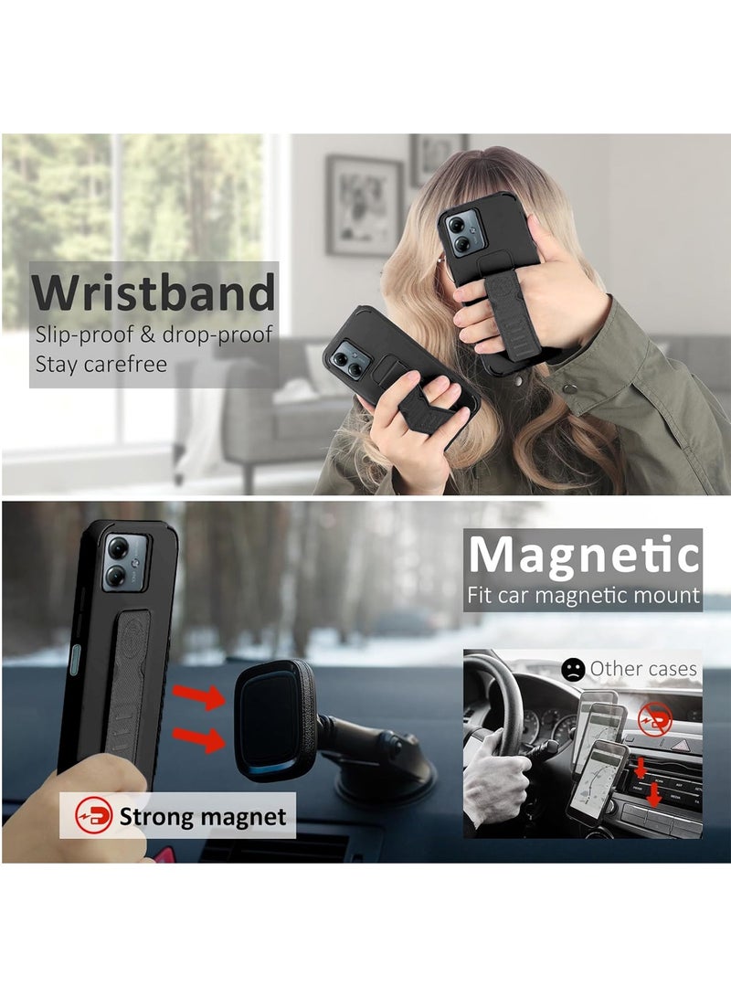 Wtech Motorola Moto G54 5G 2023 / Motorola Moto G64 5G 2024 Hand Grip Foldable Magnetic Kickstand Wrist Strap Finger Grip Drop Resistance With Built-In Iron Case Cover - Black - Image 2