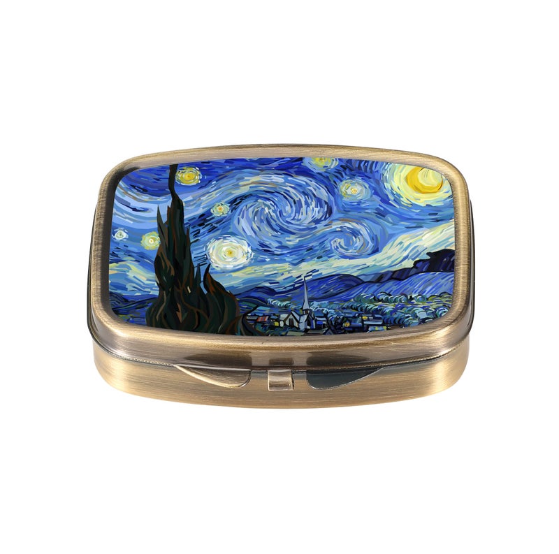 Dynippy Pill Case Pill Box with Mirror Retro Pocket 2 Compartment Medicine Case Vitamin Pill Organizer for Pocket Purse and Travel (A-Van Gogh The Starry Night) - Image 1