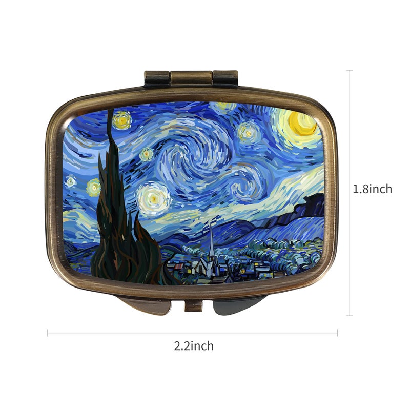 Dynippy Pill Case Pill Box with Mirror Retro Pocket 2 Compartment Medicine Case Vitamin Pill Organizer for Pocket Purse and Travel (A-Van Gogh The Starry Night) - Image 2