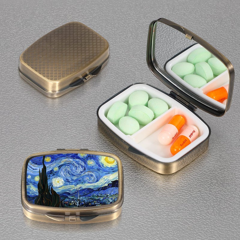 Dynippy Pill Case Pill Box with Mirror Retro Pocket 2 Compartment Medicine Case Vitamin Pill Organizer for Pocket Purse and Travel (A-Van Gogh The Starry Night) - Image 4