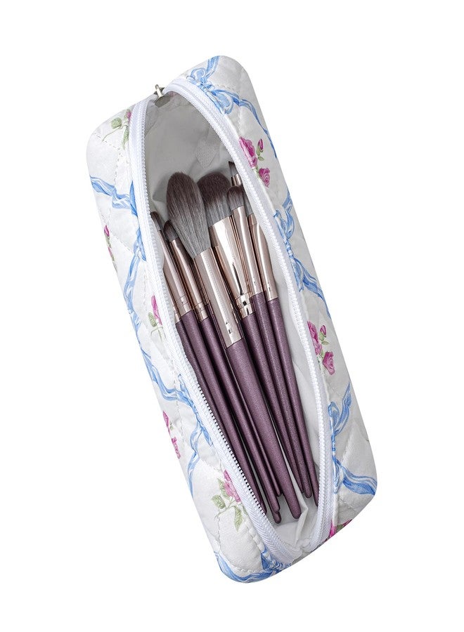 WHHJM Cute Floral Makeup Brush Bag Small Cotton Quilted Cosmetic Bag for Women Travel Toiletry Zipper Make Up Pouch (Blue Bowknot Rose) - Image 2