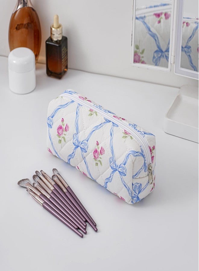 WHHJM Cute Floral Makeup Brush Bag Small Cotton Quilted Cosmetic Bag for Women Travel Toiletry Zipper Make Up Pouch (Blue Bowknot Rose) - Image 3