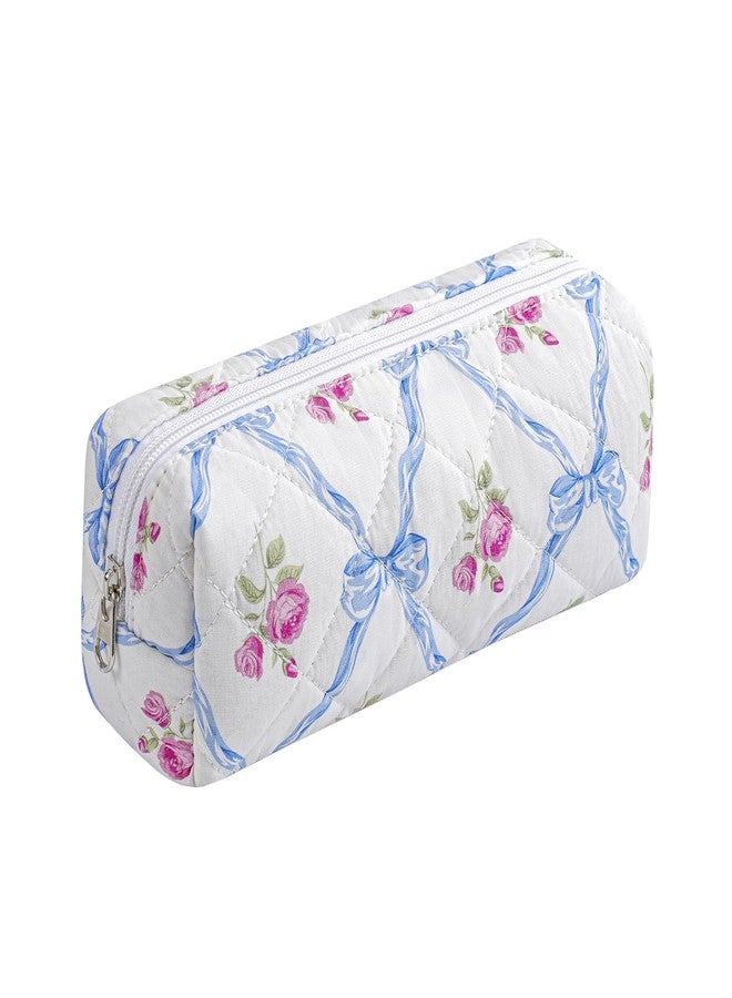 WHHJM Cute Floral Makeup Brush Bag Small Cotton Quilted Cosmetic Bag for Women Travel Toiletry Zipper Make Up Pouch (Blue Bowknot Rose) - Image 1
