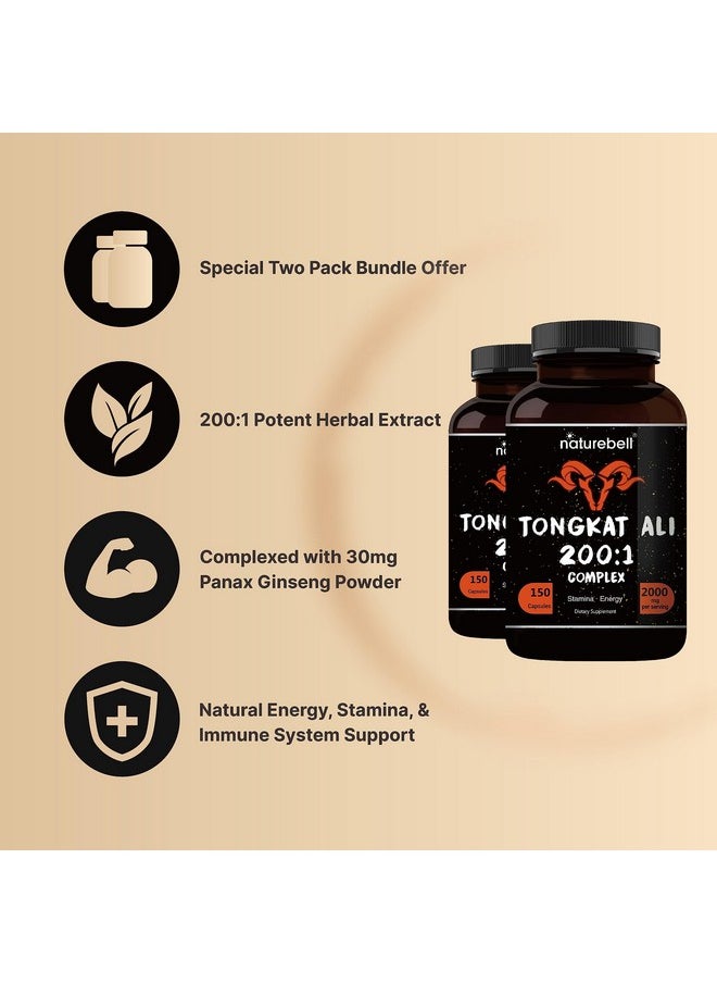 NatureBell - Tongkat Ali 200:1 (Longjack) Extract for Men, 2000mg Per Serving, Indonesia Origin, Eurycoma Longifolia | with Panax Ginseng for Energy, Stamina, & Male Health Support (150 Count (Pack of 2)) - Image 1