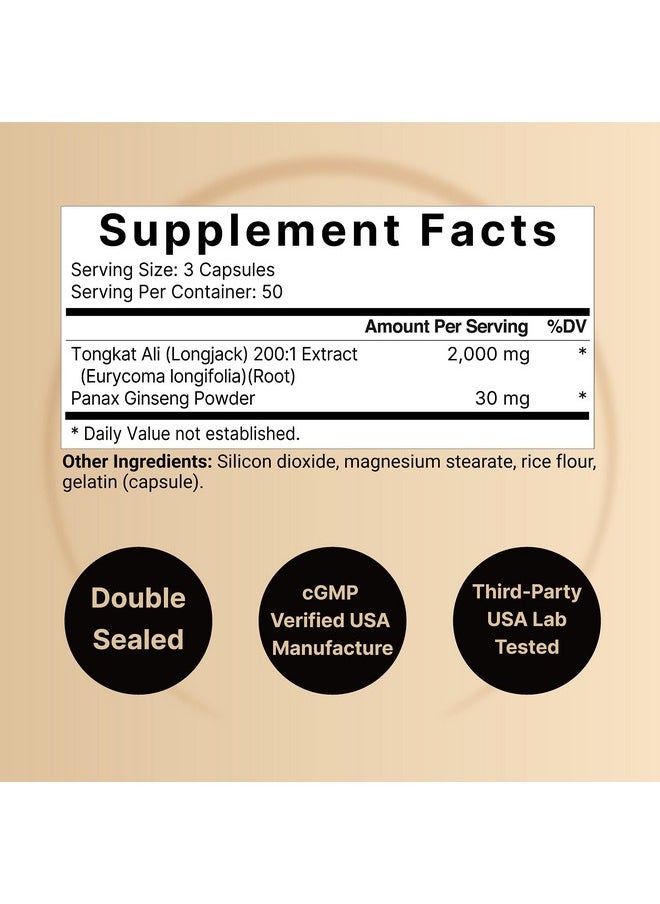 NatureBell - Tongkat Ali 200:1 (Longjack) Extract for Men, 2000mg Per Serving, Indonesia Origin, Eurycoma Longifolia | with Panax Ginseng for Energy, Stamina, & Male Health Support (150 Count (Pack of 2)) - Image 1
