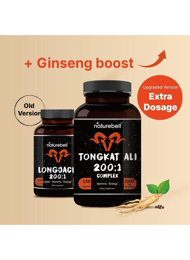 NatureBell - Tongkat Ali 200:1 (Longjack) Extract for Men, 2000mg Per Serving, Indonesia Origin, Eurycoma Longifolia | with Panax Ginseng for Energy, Stamina, & Male Health Support (150 Count (Pack of 2)) - Image 1