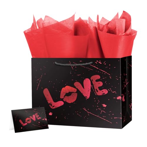 Linelglobal Large Black Valentine Gift Bag with Wrapping Paper for Women Men, Anniversary Bag 12.6" Heart Love - Image 1