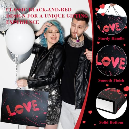 Linelglobal Large Black Valentine Gift Bag with Wrapping Paper for Women Men, Anniversary Bag 12.6" Heart Love - Image 5
