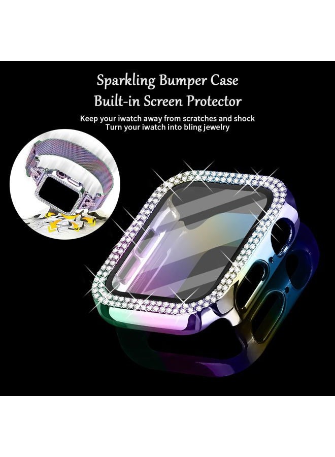 Joyozy Magnetic Band Compatible with Apple Watch Band 38mm 40mm 41mm 42mm 44mm 45mm 46mm Milanese Strap with Bling Case and Screen Protector, Dressy Stainless Steel iWatch Loop for Women (Rainbow 41mm