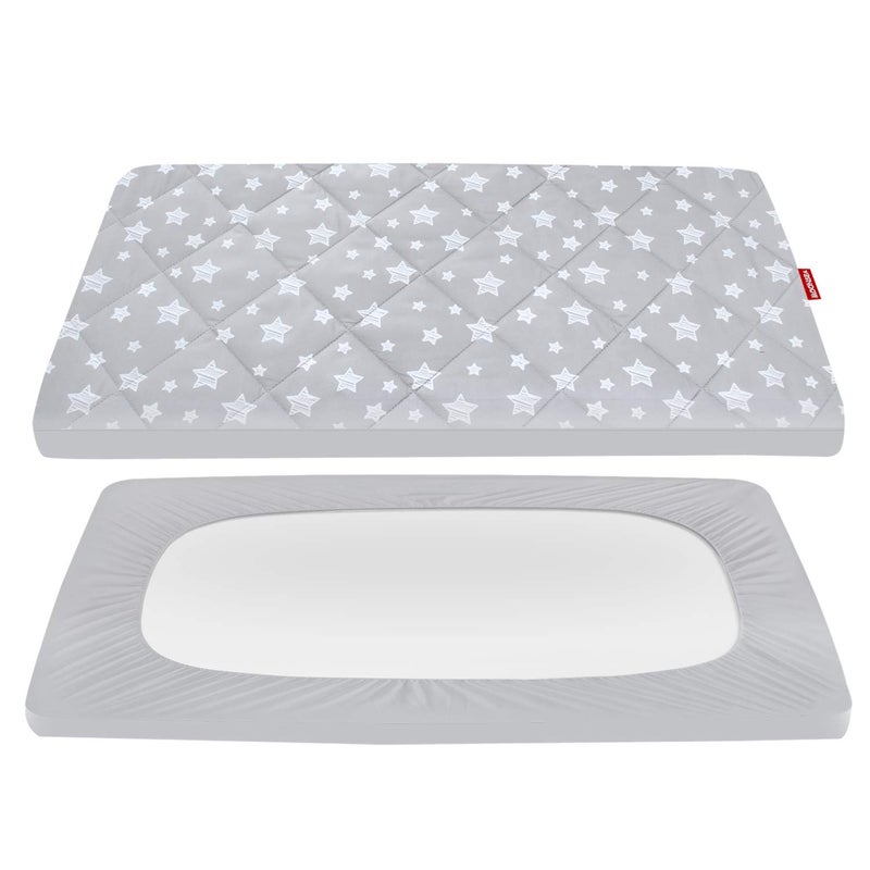 Moonsea Pack and Play Sheets Fitted, Toddlers Mattress Protector 39"Ã—27"Ã—5", Breathable Thick Playard Lovely Print Cover, Compatible with Graco Pack n Play, Gray Star - Image 1