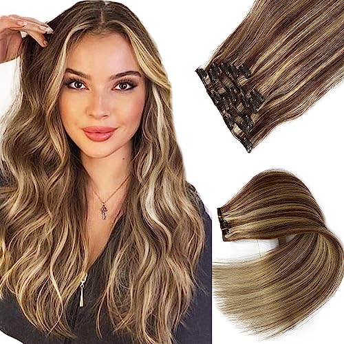 إضافات شعر حقيقية بشريط تثبيت بني مع خصلات شقراء هايلايت حقيقية من شعر ريمي، 7 قطع 70 جرام، إضافات شعر مزدوجة الخيوط بشريط تثبيت، شعر بشري 16 بوصة