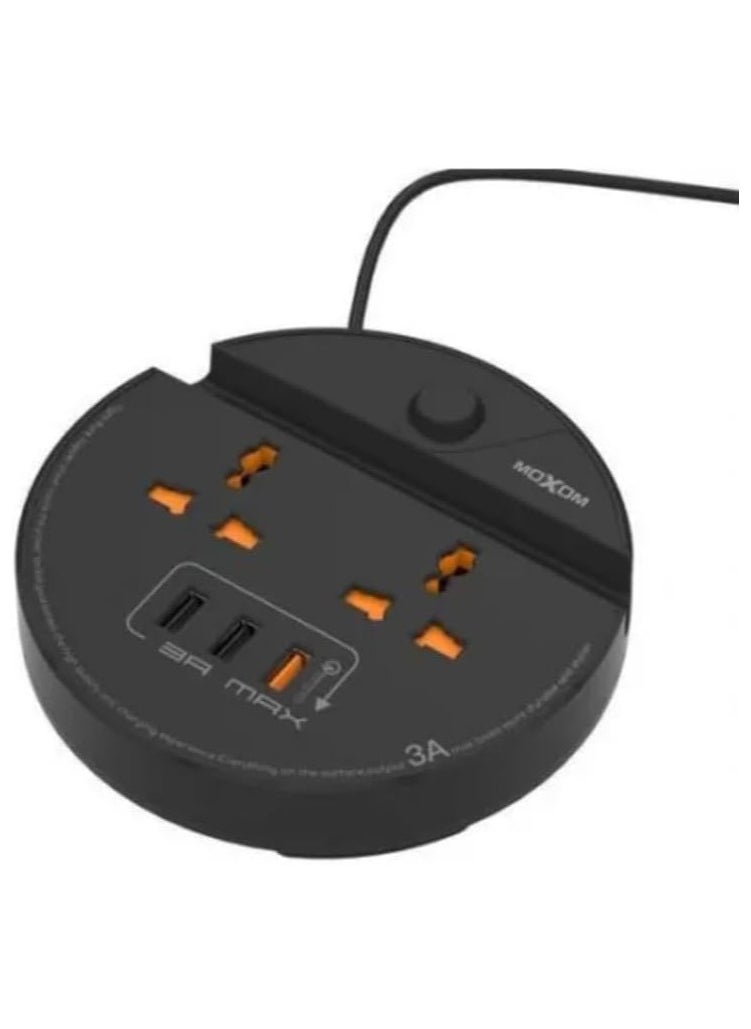 MOXOM - Moxom MX-ST03 5 IN 1 PD Power Strip With 2 Socket, 3 USB And One Key Master Control For Multi Devices 2500W - Black - Image 1