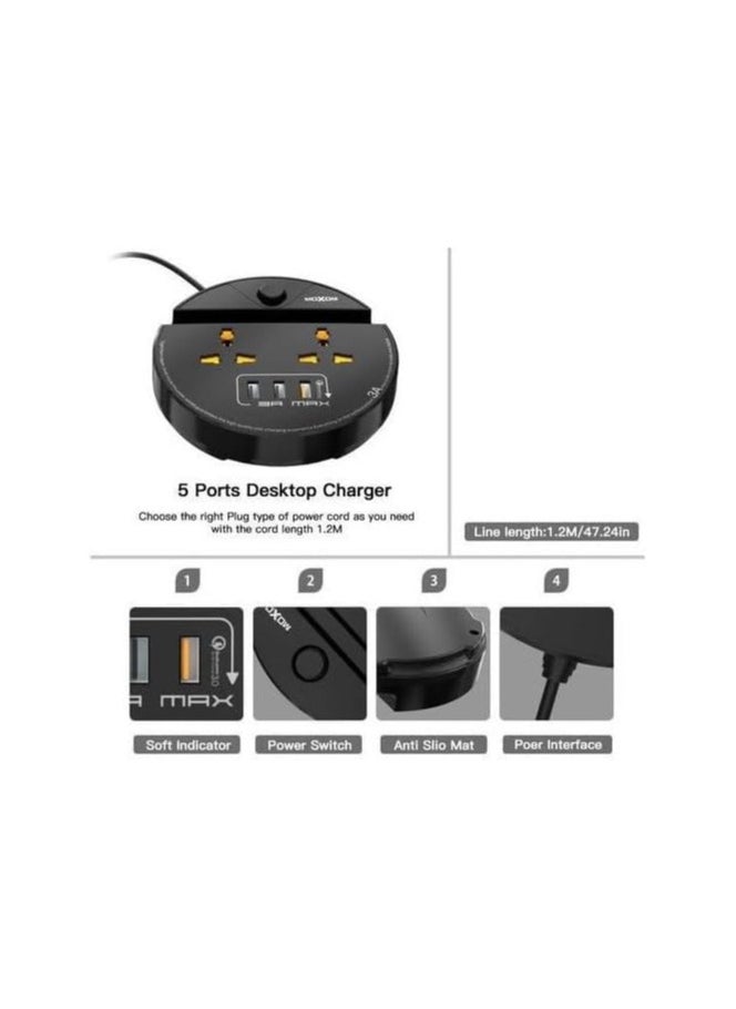 MOXOM - Moxom MX-ST03 5 IN 1 PD Power Strip With 2 Socket, 3 USB And One Key Master Control For Multi Devices 2500W - Black - Image 1