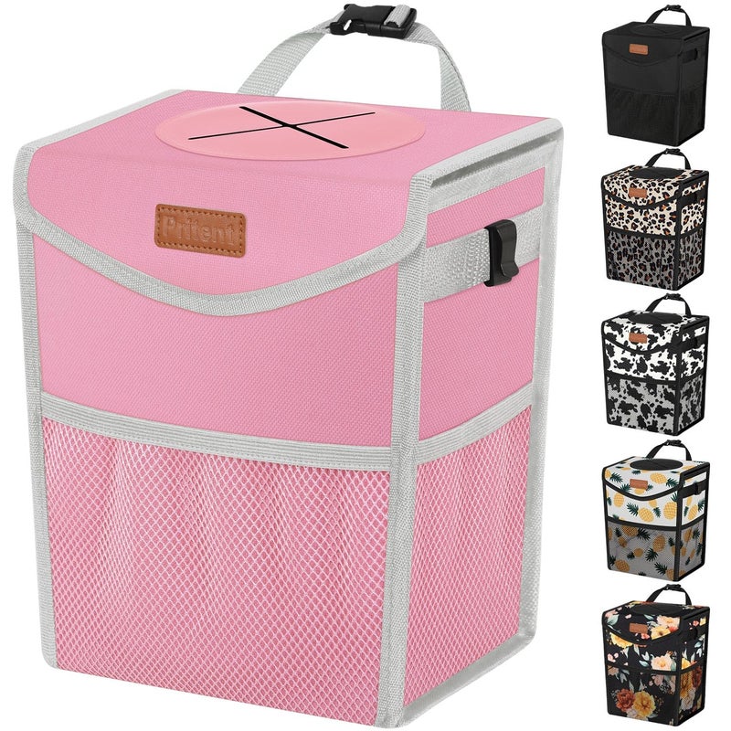 Pritent Car Trash Can with Lid Cute Leakproof Car Trash Garbage Bag Hanging Vehicle Trash Bin Small Portable Automotive Garbage Cans Organizer for BackFront SeatTrapezoidPink - Image 2