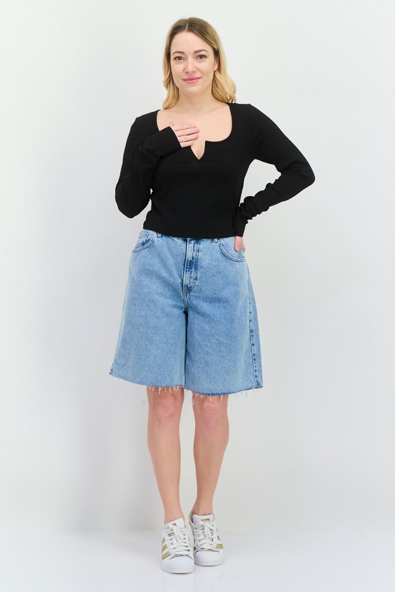 NIA Women Horseshoe Neckline Long Sleeves Textured Top, Black - Image 4