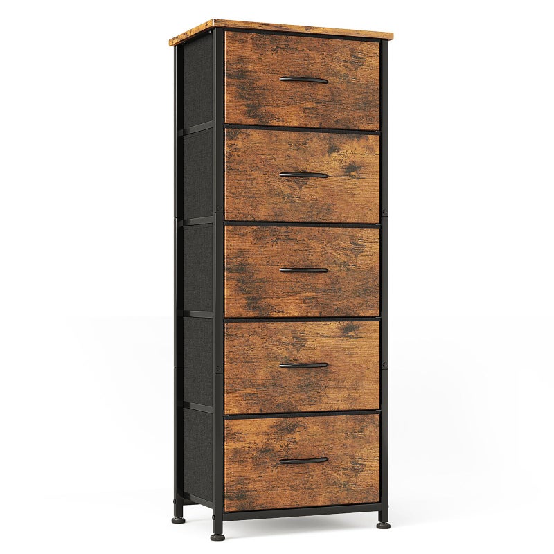 CAIYUN Chest of Drawers 5 Drawer Tall Dresser Fabric Dresser for Bedroom Closet Entryway Hallway Nursery Bedside Storage Organiser Unit Rustic Brown