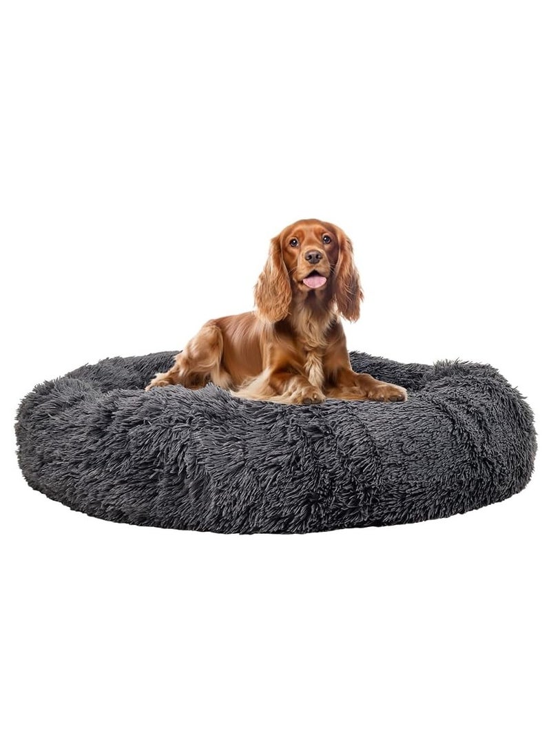 NNC PETS - Cozy plush round pet bed for medium to large breeds, Donut cuddler warming soft round bed with Fluffy faux fur plush, Durable cotton, and Anti-slip bottom, Calming dog bed 85 cm (Grey) - Image 1