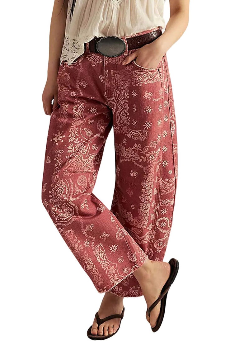 loveimgs Women Boyfriend Baggy Barrel Jeans Floral Print Denim Ankle Pants Wide Leg Mid Rise Jeans Sweatpants Y2k Patchwork (XX-Large,Rose red) - Image 1