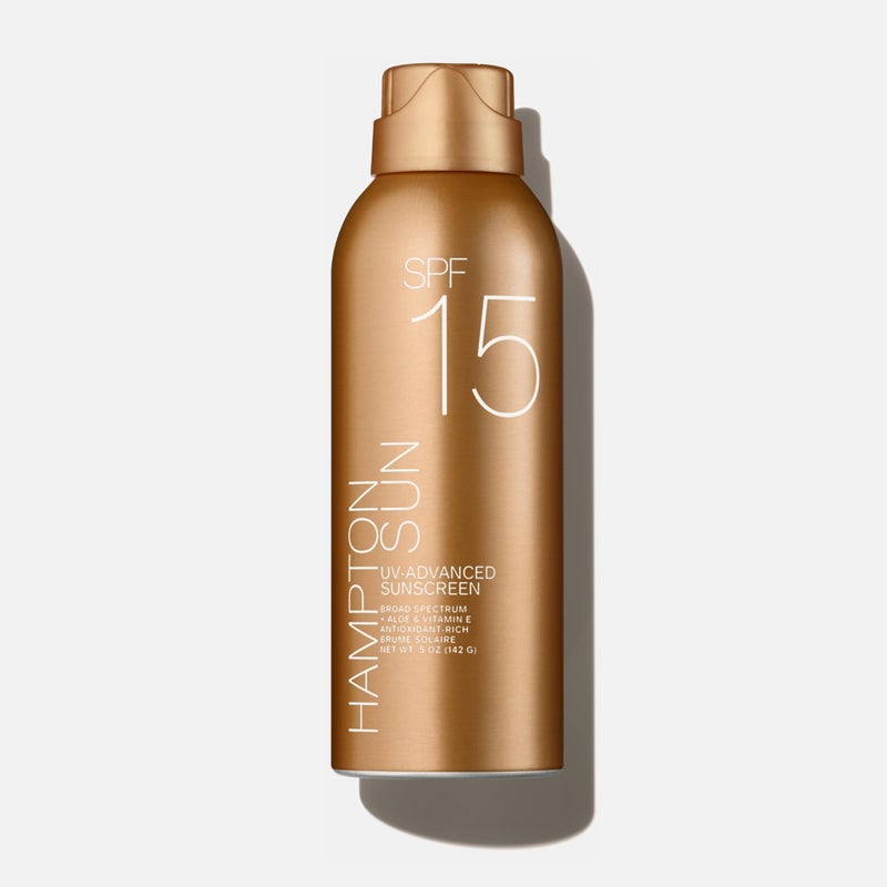 Hampton Sun SPF 15 Continuous Mist Sunscreen Broad Spectrum UVAUVB Advanced Water Sweat Resistance AntioxidantRich Vitamin E Aloe for Hydrated Radiant Skin Glowy Finish and OilFree