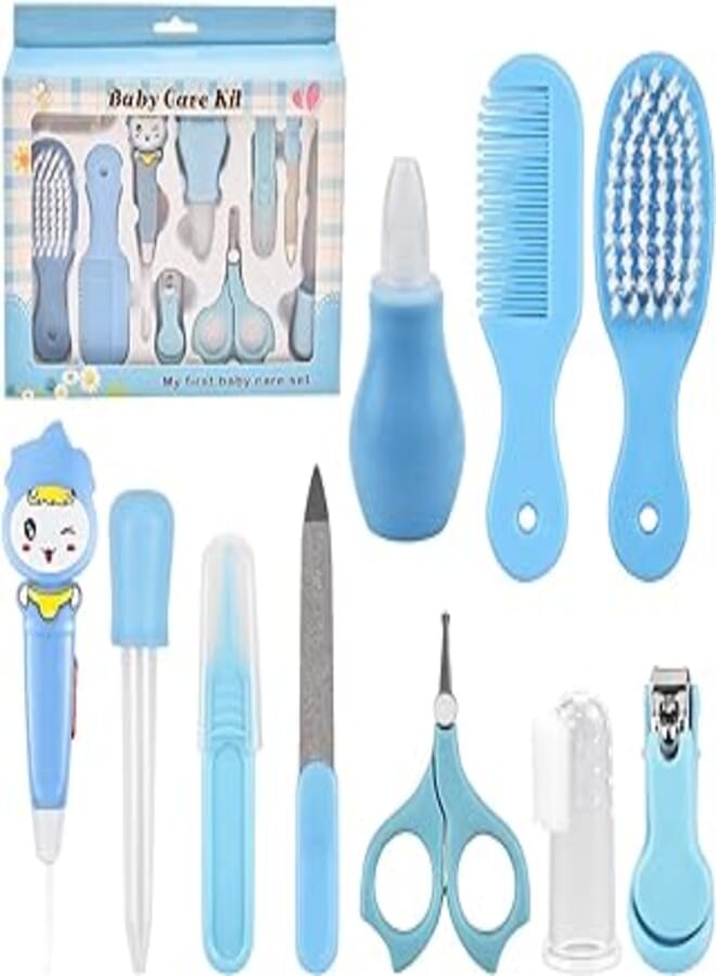 10 Pcs Baby Grooming Baby Healthcare Kit Newborn Baby Care Accessories Baby Health Care Set Baby Nail Clipper Scissors Hair Comb Brush Nose Cleaner Safety for Toddler Infant Nursing Grooming (Blue)