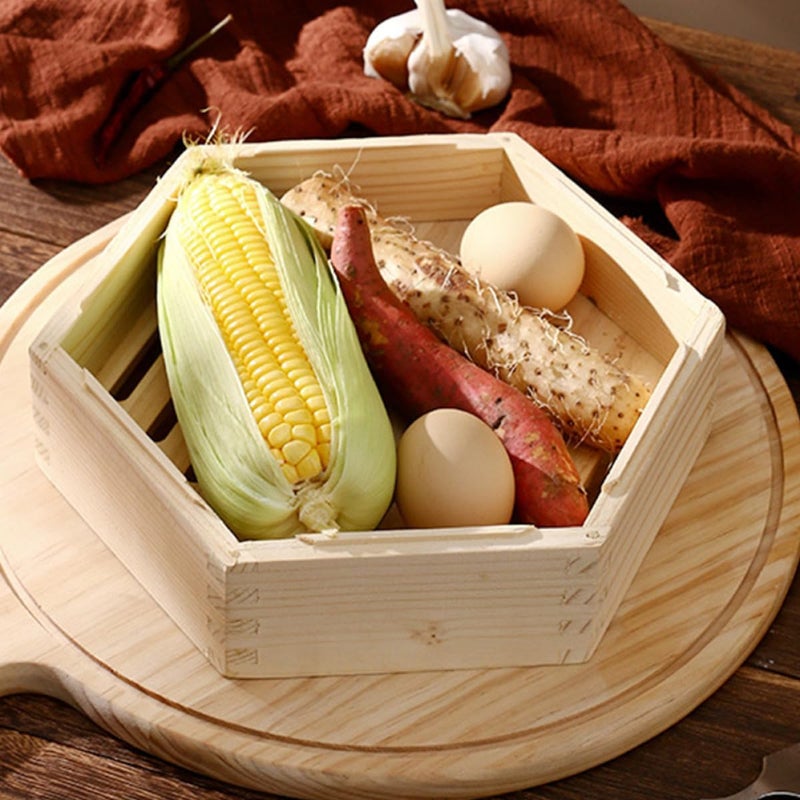 Wooden Hexagonal Steamer with Lid 6-inch Food Steaming Basket for Dim Sum Dumplings Vegetables Cooking Household and Restaurant Use - Image 4