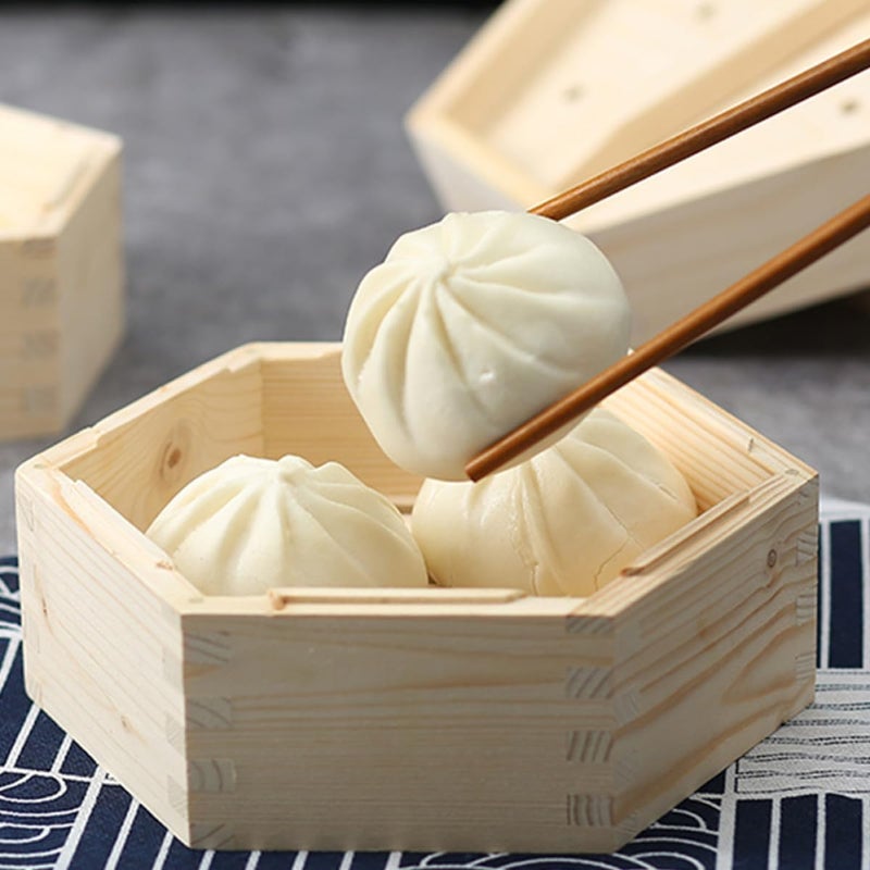 Wooden Hexagonal Steamer with Lid 6-inch Food Steaming Basket for Dim Sum Dumplings Vegetables Cooking Household and Restaurant Use - Image 5