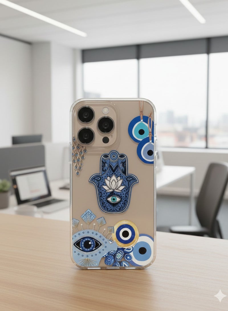 Grace ​Catchy & Trendy: "Mystical Vibes: Blue Evil Eye & Hamsa Nazar Protective Case For Iphone 16 pro max - Image 1