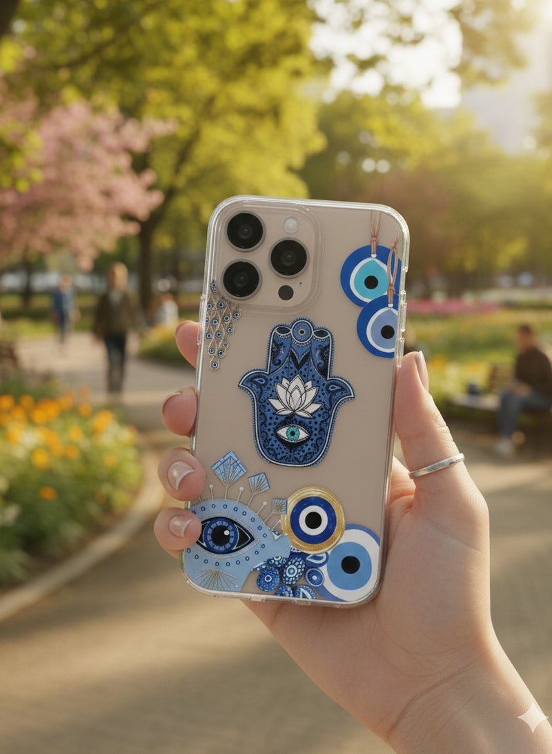 Grace ​Catchy & Trendy: "Mystical Vibes: Blue Evil Eye & Hamsa Nazar Protective Case For Iphone 16 pro max - Image 2