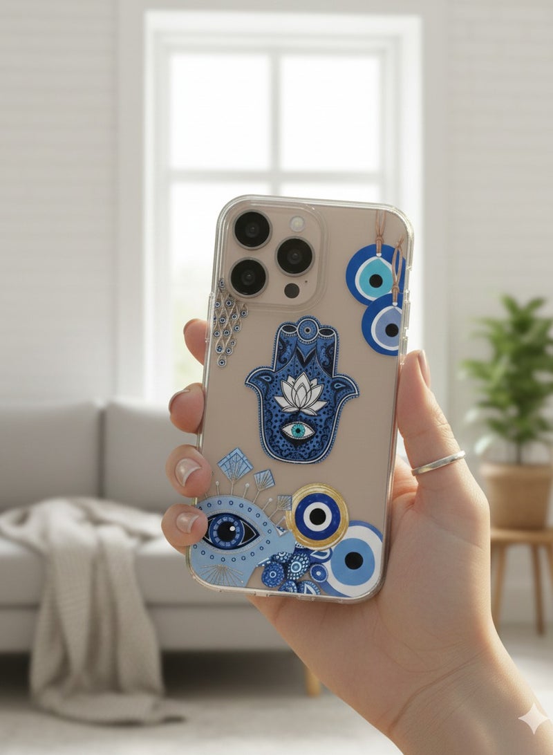 Grace ​Catchy & Trendy: "Mystical Vibes: Blue Evil Eye & Hamsa Nazar Protective Case For Iphone 16 pro max - Image 3