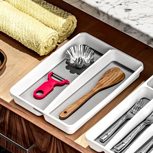 madesmart Classic Mini Utensil Tray, Soft Grip, Non-Slip Kitchen Drawer Organizer, 2 Compartments, Multi-Purpose Home Organization, BPA Free, White - Image 3