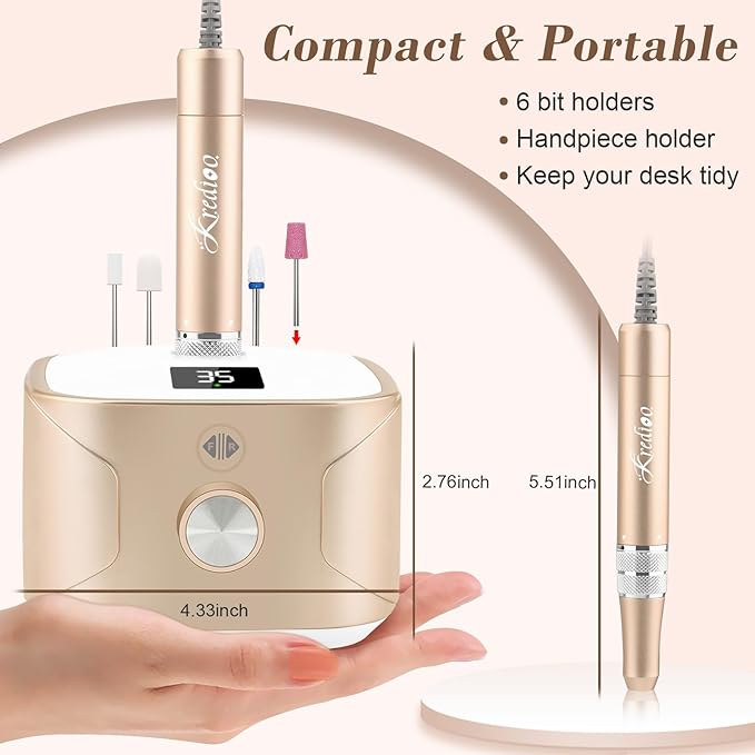Kredioo Nail Drill 35000RPM Electric Nail File for Acrylic and Gel Nails Professional Nail Drill Machine Manicure Pedicure Kit with 11 Bits LCD Display Touch Button Gold - Image 2