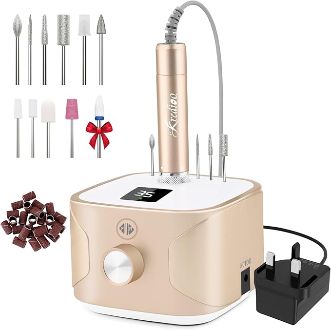 Kredioo Nail Drill 35000RPM Electric Nail File for Acrylic and Gel Nails Professional Nail Drill Machine Manicure Pedicure Kit with 11 Bits LCD Display Touch Button Gold - Image 1