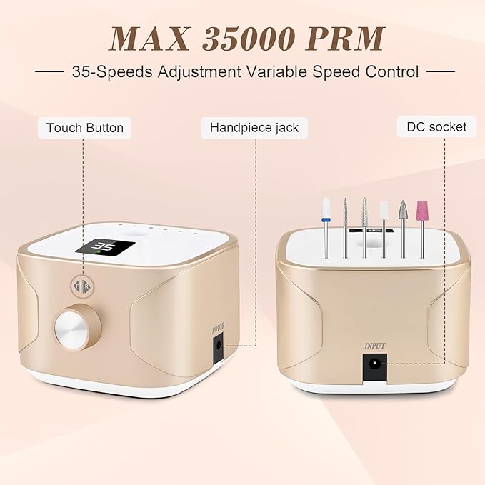 Kredioo Nail Drill 35000RPM Electric Nail File for Acrylic and Gel Nails Professional Nail Drill Machine Manicure Pedicure Kit with 11 Bits LCD Display Touch Button Gold - Image 3