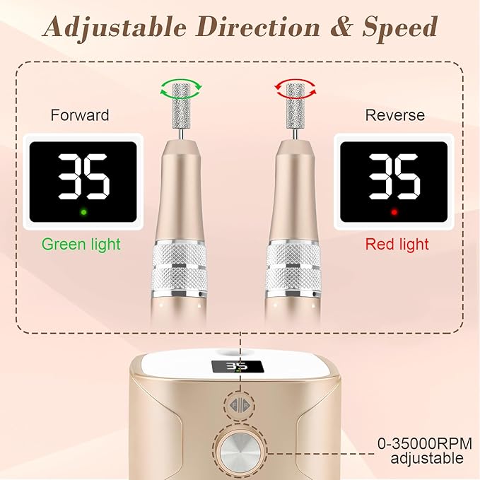Kredioo Nail Drill 35000RPM Electric Nail File for Acrylic and Gel Nails Professional Nail Drill Machine Manicure Pedicure Kit with 11 Bits LCD Display Touch Button Gold - Image 5