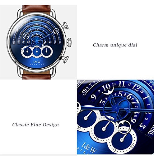 Carnival Unique Mens Chronograph Watch Blue Leather Strap 41MM Stainless Steel Sapphire Glass Japanese Quartz 30M Water Resistant Dress Casual Business Wrist Watch for Men - Image 3