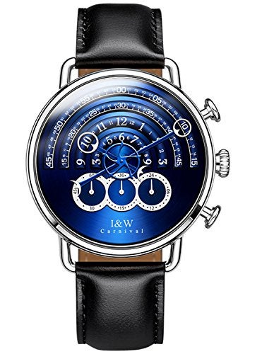 Carnival Unique Mens Chronograph Watch Blue Leather Strap 41MM Stainless Steel Sapphire Glass Japanese Quartz 30M Water Resistant Dress Casual Business Wrist Watch for Men - Image 1